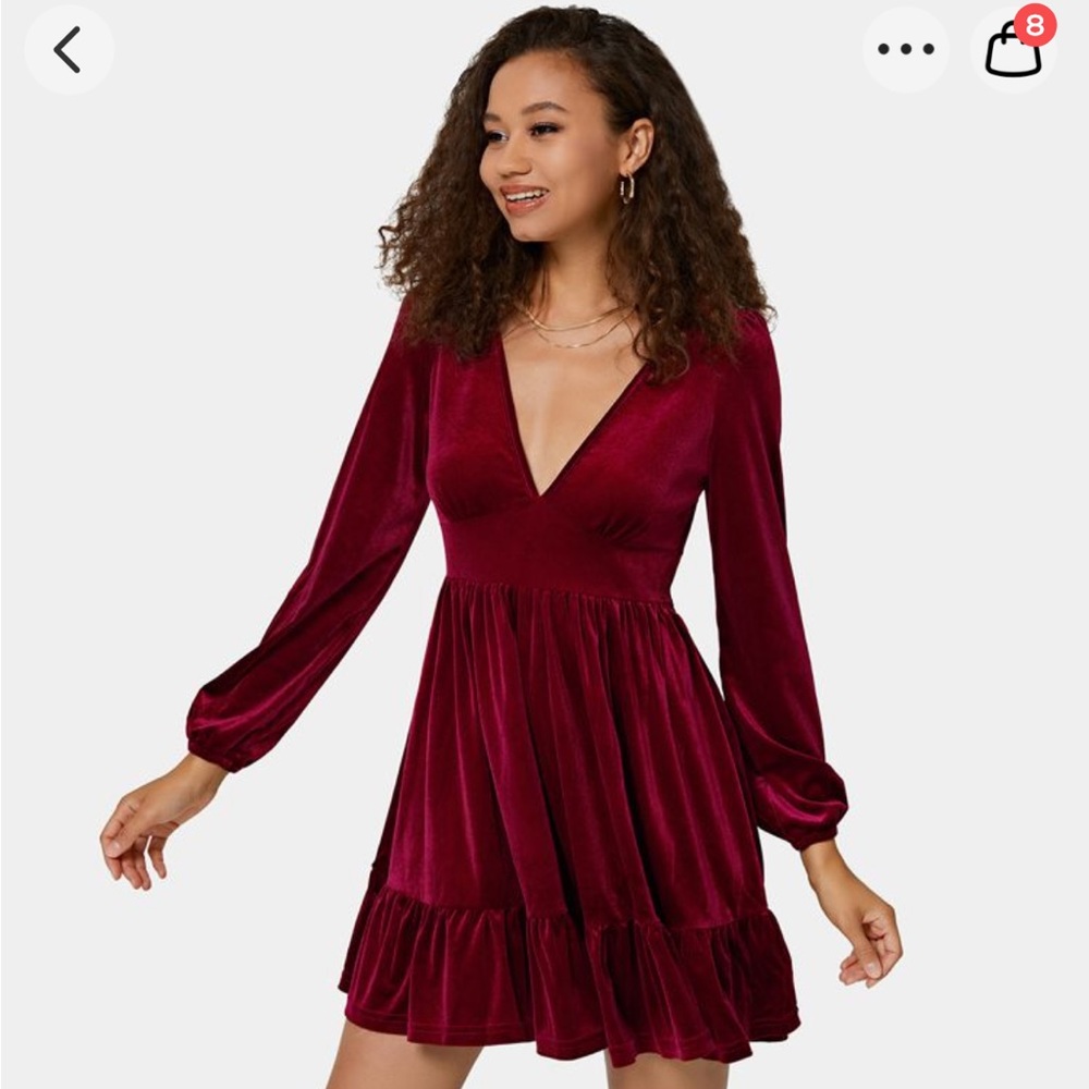 XS Wine Red Velvet V-Neck Long Sleeve Dress w/ Ruffle Hem